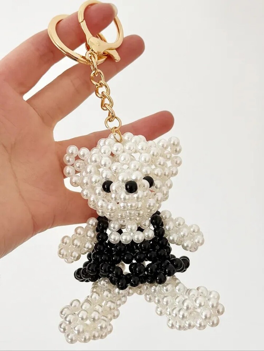 Handmade Crystal & Pearl Beaded Bear Black Dress Large Keychain Bag Charm NWT!